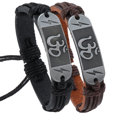Retro Gevlochten Kunstleren Armband Legering Om Symbool Charm Punk Etnische Verstelbare Polsband Sieraden Voor Dames Heren
