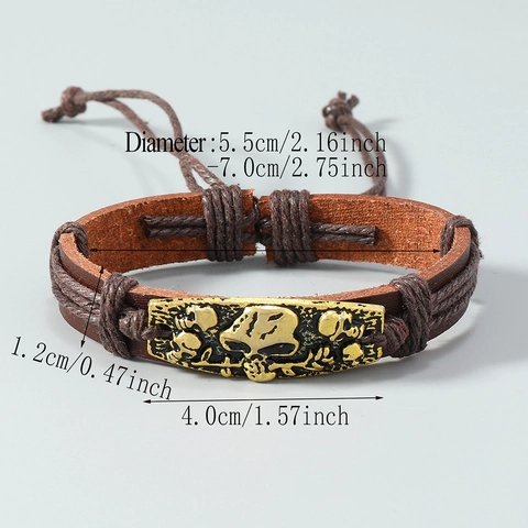 Braccialetto in Pelle PU Intrecciata a Mano Con Piastra in Lega di Teschio Vintage Cordino Regolabile Gioielli Punk Gothic per Halloween