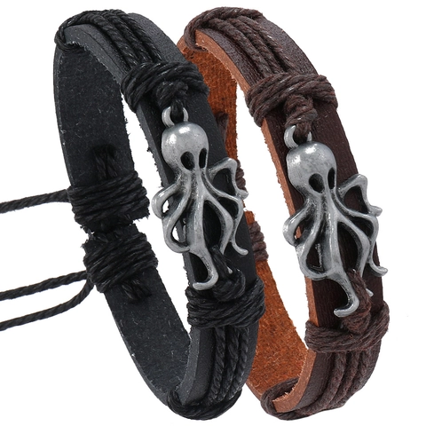 Bracciale in Pelle Retro Polpo Per Uomo Donna Intrecciato a Mano PU Lega Corda di Canapa Regolabile Punk Gioielli da Spiaggia