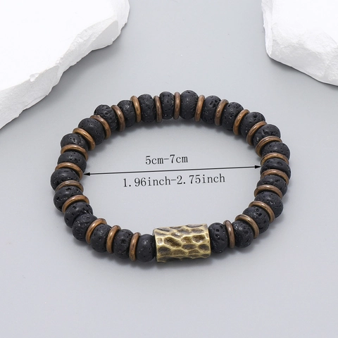 Retro Handmade Beaded Bracelet Natural Lava Rock Stone Hammered Alloy Tube Bead Elastic Unisex Wristband Fashion Jewelry