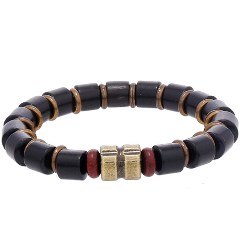 Men's Vintage Handmade Wooden Beaded Bracelet With Bronze Alloy Accents Black Cylindrical Beads Ethnic Style Jewelry