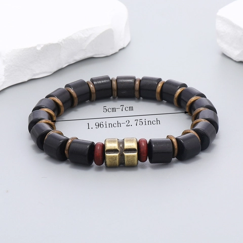 Men's Vintage Handmade Wooden Beaded Bracelet With Bronze Alloy Accents Black Cylindrical Beads Ethnic Style Jewelry