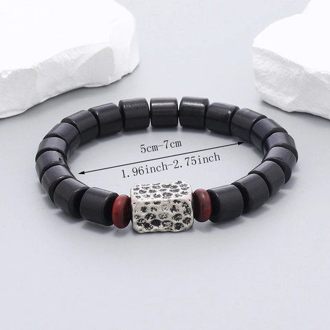 Vintage Handmade Elastic Wood Beaded Bracelet For Men Women Ethnic Retro Style Black Beads Alloy Charm Bracelet Jewelry