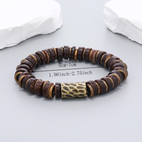 Retro Unisex Handgefertigte Kokosnussschale Perlenarmband Mit Gehämmertem Legierungsrohr Perle Boho Ethnischen Stil Stretch Schmuck