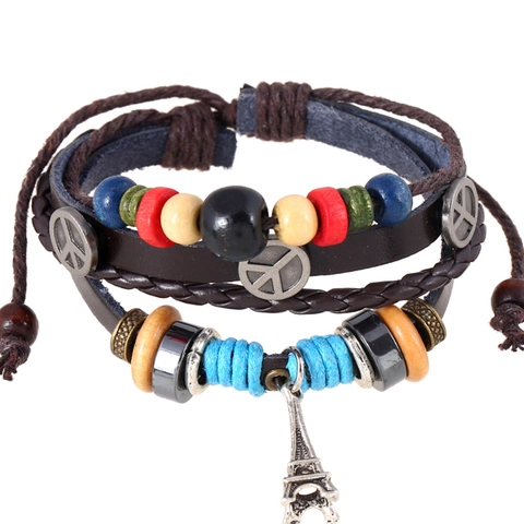 Vintage Multilayer Genuine Leather Beaded Bracelet For Men Women Eiffel Tower Peace Sign Charm Braided Punk Wrap Bracelet