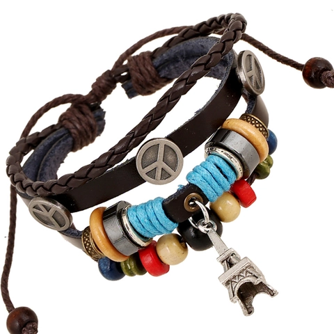 Vintage Multilayer Genuine Leather Beaded Bracelet For Men Women Eiffel Tower Peace Sign Charm Braided Punk Wrap Bracelet