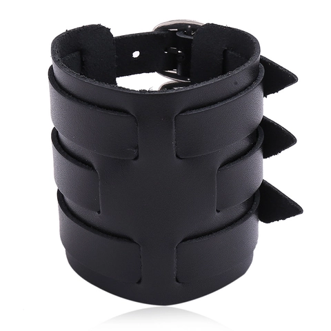 Bracciale in Pelle Larga Punk da Uomo Gothic Rock Tre Fibbie Regolabile Polsino Nero in Pelle di Vacchetta Cinturino Gioielli di Moda Accessorio Nightclub