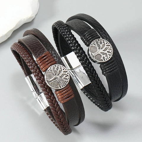 Men's Multilayer Artificial Leather Bracelet Tree Of Life Alloy Charm Magnetic Clasp Braided Cord Punk Casual Wristband Jewelry