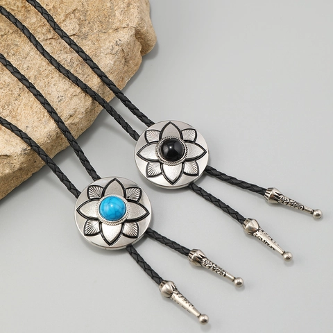 Vintage Westlichen Cowboy Bolo Krawatte Zinklegierung Floral Anhänger Verstellbare PU Leder Geflochtene Seil Halskette Schmuck Geschenk