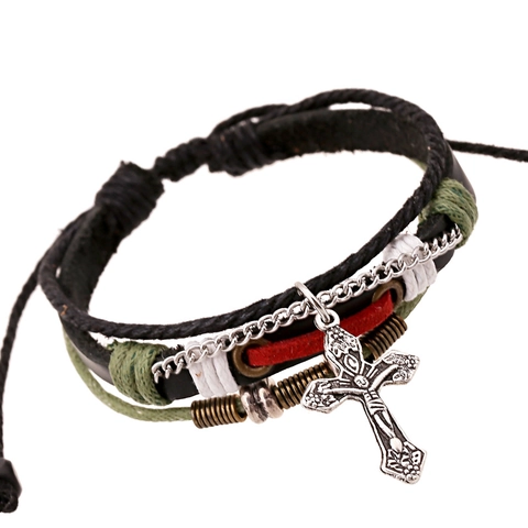 Bracciale Intrecciato in Pelle Multistrato Vintage Punk per Uomo Donna Bracciale Avvolgente con Ciondolo a Croce Religiosa Regolabile