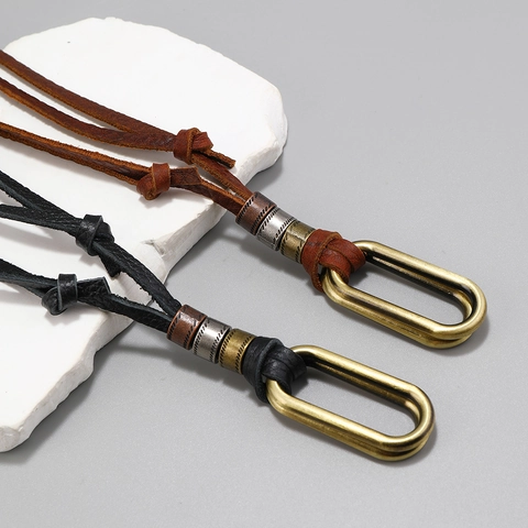 Vintage Genuine Leather Pendant Necklace For Men Women Adjustable Handmade Long Sweater Chain Alloy Double Ring Retro Jewelry
