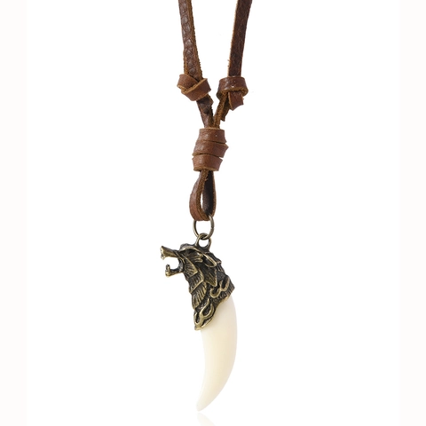 Collana Con Ciondolo A Dente Di Lupo Retrò Per Uomo Donna Cordino In Vera Pelle Di Vacchetta Testa Di Lupo In Lega Di Bronzo Antico Gioielli Etnici Regolabili