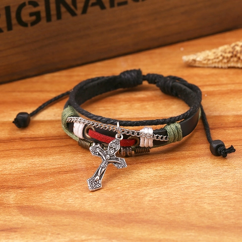 Bracciale Intrecciato in Pelle Multistrato Vintage Punk per Uomo Donna Bracciale Avvolgente con Ciondolo a Croce Religiosa Regolabile