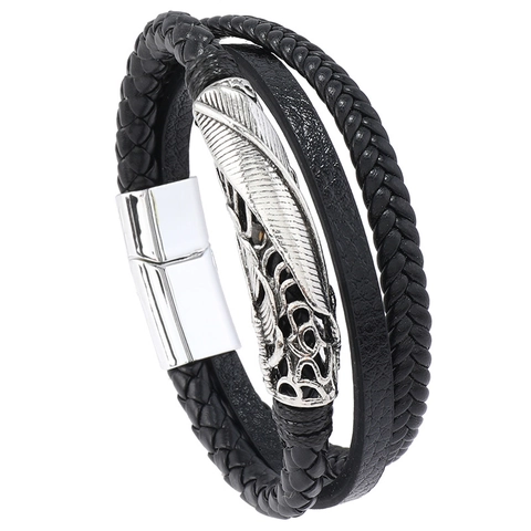 Vintage Mehrlagiges Kunstleder Armband Für Herren Legierung Feder Anhänger Handgefertigtes Geflochtenes Schnur Magnetverschluss Schmuck