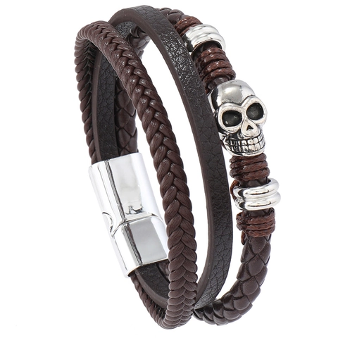 Bracciale da Uomo in Pelle PU Intrecciata Multistrato Punk Con Teschio e Chiusura Magnetica in Lega Gioielli Rock Gothic da Uomo