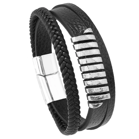 Bracciale da Uomo Multistrato in Pelle PU Intrecciata Con Chiusura Magnetica in Lega Punk Vintage Fatto a Mano Gioielli