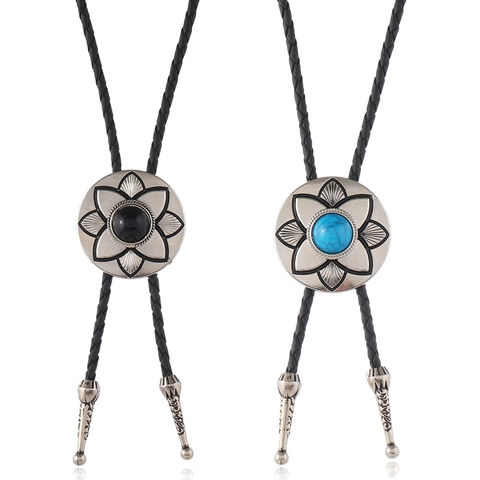 Vintage Westlichen Cowboy Bolo Krawatte Zinklegierung Floral Anhänger Verstellbare PU Leder Geflochtene Seil Halskette Schmuck Geschenk