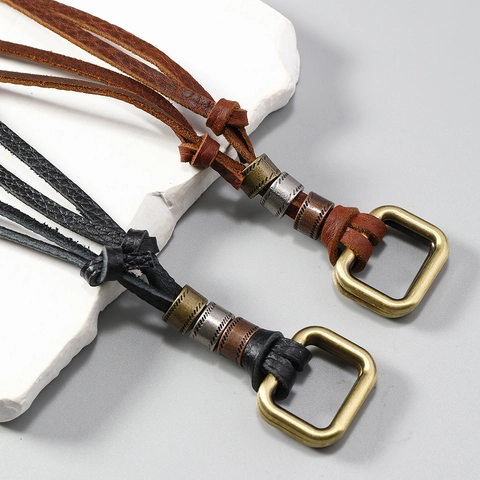 Vintage Handmade Cowhide Leather Pendant Necklace Adjustable Alloy Geometric Square Ring Long Sweater Chain For Unisex Jewelry