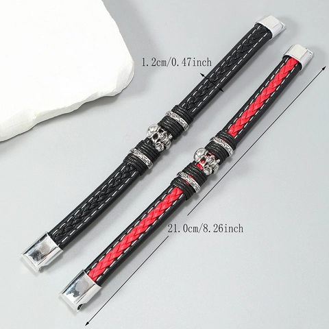 Pulsera Punk para Hombre de Cuero Artificial Trenzado con Amuleto de Calavera de Aleación de Plata Cierre Magnético Joyería Retro Regalo