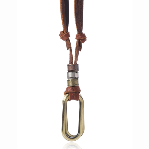 Vintage Genuine Leather Pendant Necklace For Men Women Adjustable Handmade Long Sweater Chain Alloy Double Ring Retro Jewelry