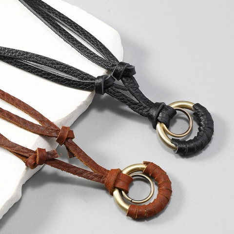 Collar con Colgante de Doble Anillo de Aleación y Cuero de Vaca Unisex Retro Cadena de Suéter Larga Ajustable Joyería Punk