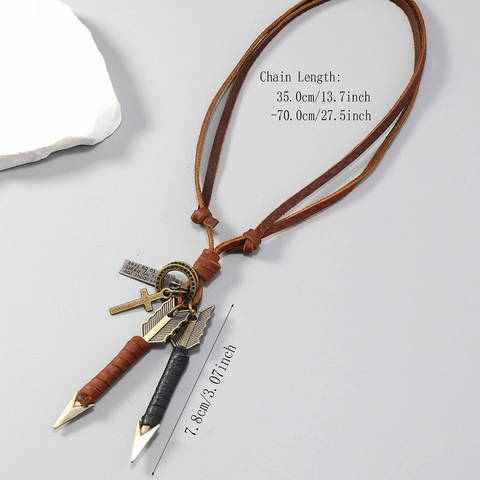 Vintage Runderleer Lange Halskette Voor Heren Dames Legering Dubbele Pijl Hanger Kruis Verstelbaar Koord Boho Sieraden Etnische Truiketting