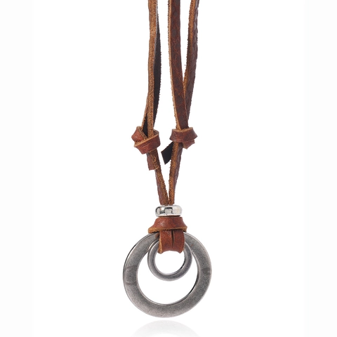 Collana Vintage in Pelle di Vacca Con Ciondolo a Doppio Anello in Lega Retrò Regolabile Catena Lunga Per Uomo Donna