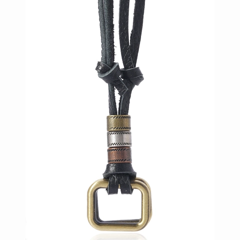 Vintage Handmade Cowhide Leather Pendant Necklace Adjustable Alloy Geometric Square Ring Long Sweater Chain For Unisex Jewelry