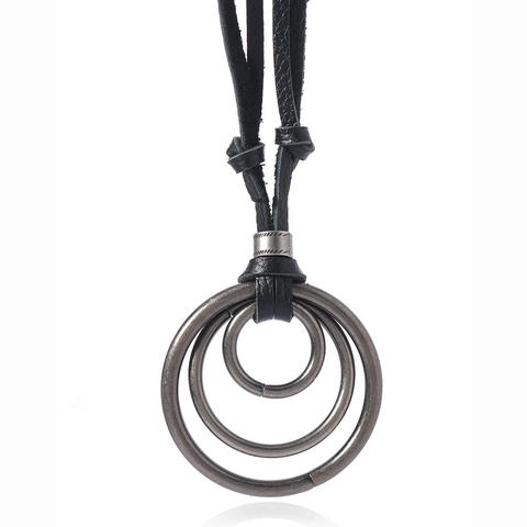 Vintage Legering Triple Ring Hanger Halsketting Verstelbare Runderleer Touw Ketting Voor Mannen Vrouwen Boheemse Stijl Sieraden