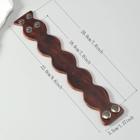 Vintage Cowhide Leather Wide Cuff Bracelet Punk Wavy Edge Adjustable Snap Button Handmade Alloy Bracelet For Men Women Jewelry