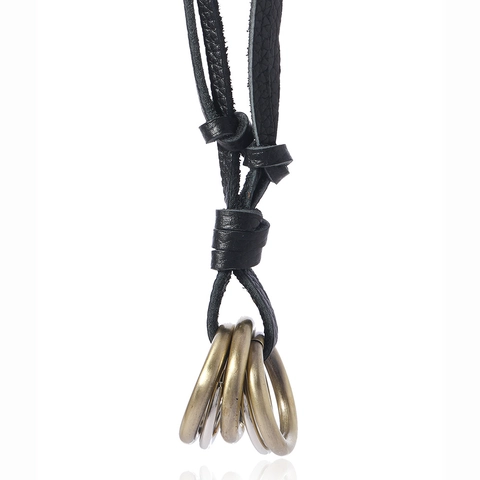 Collana con Ciondolo ad Anello in Lega Multistrato in Pelle di Vacca Vintage Catena Lunga Regolabile per Uomo Donna Gioielli