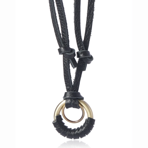 Collar con Colgante de Doble Anillo de Aleación y Cuero de Vaca Unisex Retro Cadena de Suéter Larga Ajustable Joyería Punk