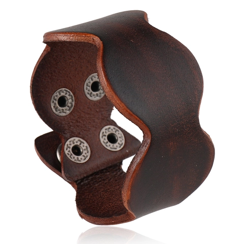 Vintage Cowhide Leather Wide Cuff Bracelet Punk Wavy Edge Adjustable Snap Button Handmade Alloy Bracelet For Men Women Jewelry