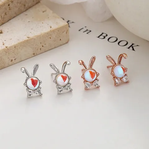 925 Sterling Zilver Konijn Maansteen Oorknopjes Schattige Hart Zirkonia Strik Dier Oorbellen Voor Dames Minimalistische Sieraden