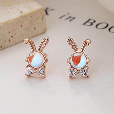 925 Sterling Zilver Konijn Maansteen Oorknopjes Schattige Hart Zirkonia Strik Dier Oorbellen Voor Dames Minimalistische Sieraden