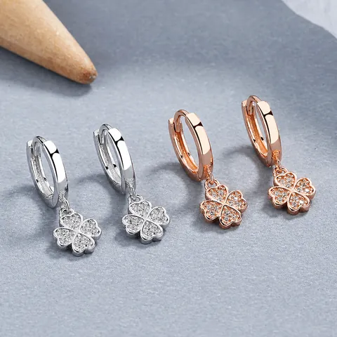Pendientes de Aro con Trébol de Cuatro Hojas de Plata de Ley 925 para Mujer con Diamantes de Imitación Joyería Minimalista