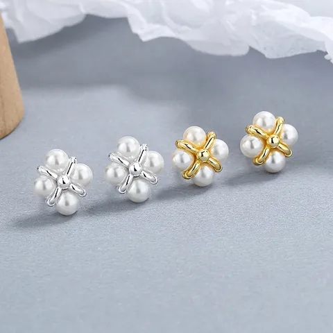 925 Sterlingsilber 4-Blatt Blume Perle Ohrstecker Für Damen Elegant Künstliche Perle Geometrisch Modeschmuck