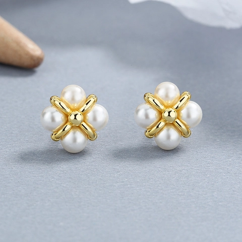 925 Sterlingsilber 4-Blatt Blume Perle Ohrstecker Für Damen Elegant Künstliche Perle Geometrisch Modeschmuck