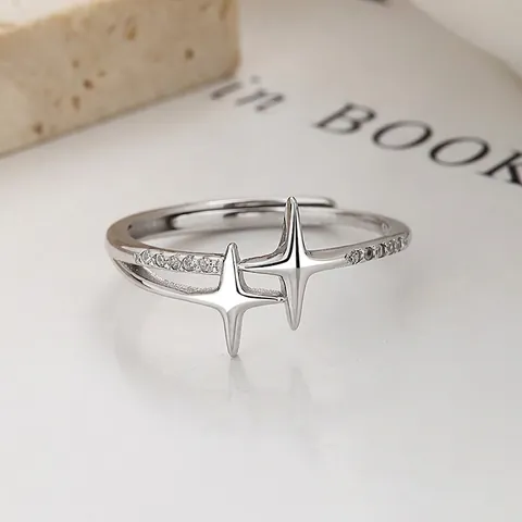 925 Sterlingsilber Kreuz Stern Offener Ring Für Damen Verstellbar Strass Funkeln Vierpunktstern Minimalistischer Fingerschmuck Geschenk
