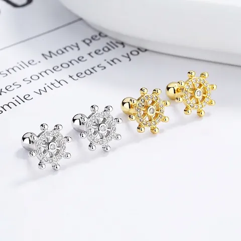 925 Sterling Zilveren Scheepsroer Anker Oorknopjes Voor Vrouwen Strass Ingelegd Schroefsluiting Nautische Mode Sieraden