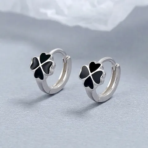 925 Sterling Silber Schwarz Emaille Vierblättriges Kleeblatt Creolen Für Damen Minimalist Zierliche Blume Ohrringe Schmuck