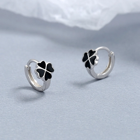 925 Sterling Silber Schwarz Emaille Vierblättriges Kleeblatt Creolen Für Damen Minimalist Zierliche Blume Ohrringe Schmuck