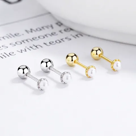 925 Sterling Silver Artificial Pearl Stud Earrings For Women Minimalist Screw Back Threaded Ball Earrings Fashion Jewelry Gift