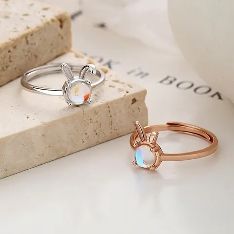 925 Sterling Silver Cute Rabbit Moonstone Open Ring For Women Adjustable Animal Ears Finger Ring Fashion Jewelry Gift
