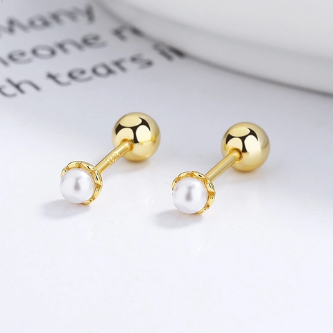 925 Sterling Silver Artificial Pearl Stud Earrings For Women Minimalist Screw Back Threaded Ball Earrings Fashion Jewelry Gift