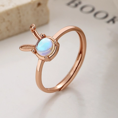 925 Sterling Silver Cute Rabbit Moonstone Open Ring For Women Adjustable Animal Ears Finger Ring Fashion Jewelry Gift