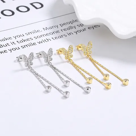 925 Sterling Silver Butterfly Long Tassel Stud Earrings Elegant Rhinestone Dangle Chain Earrings For Women Fashion Jewelry