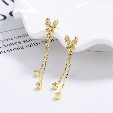 925 Sterling Silver Butterfly Long Tassel Stud Earrings Elegant Rhinestone Dangle Chain Earrings For Women Fashion Jewelry