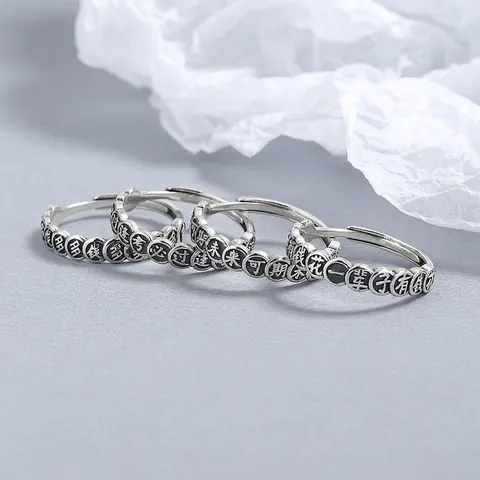 Vintage 925 Sterlingsilber Schriftzeichen Offener Ring Für Damen Thaisilber Distressed Finish Retro Verstellbarer Fingerring Schmuck