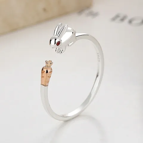 S925 Sterling Silver Cute Rabbit Carrot Open Ring For Women Adjustable Animal Rhinestone Minimalist Fashion Finger Jewelry